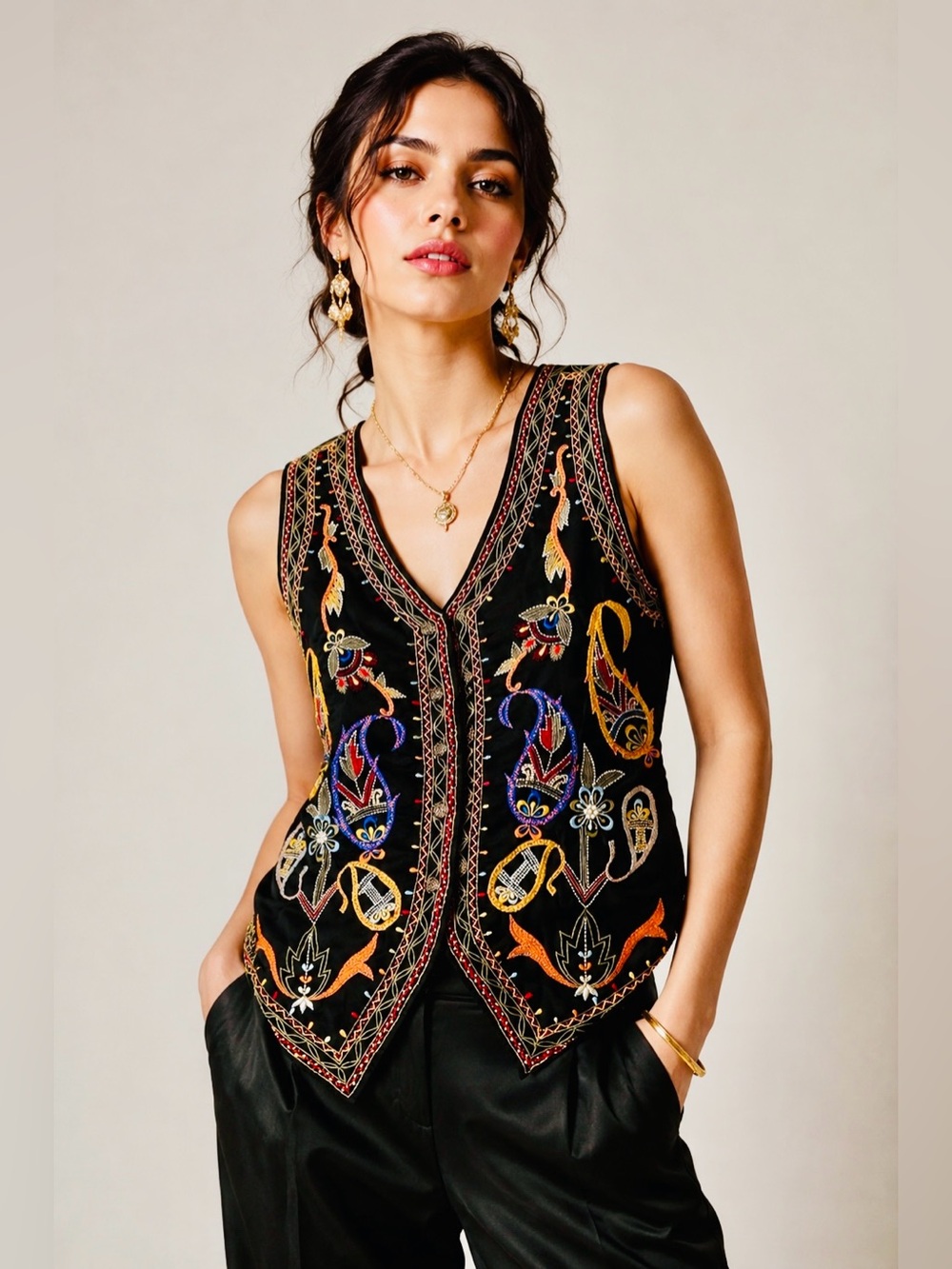 ATLAST & Co. 90s Bright & Bold Abstract Embroidered Gold Button Tie Back Vest M